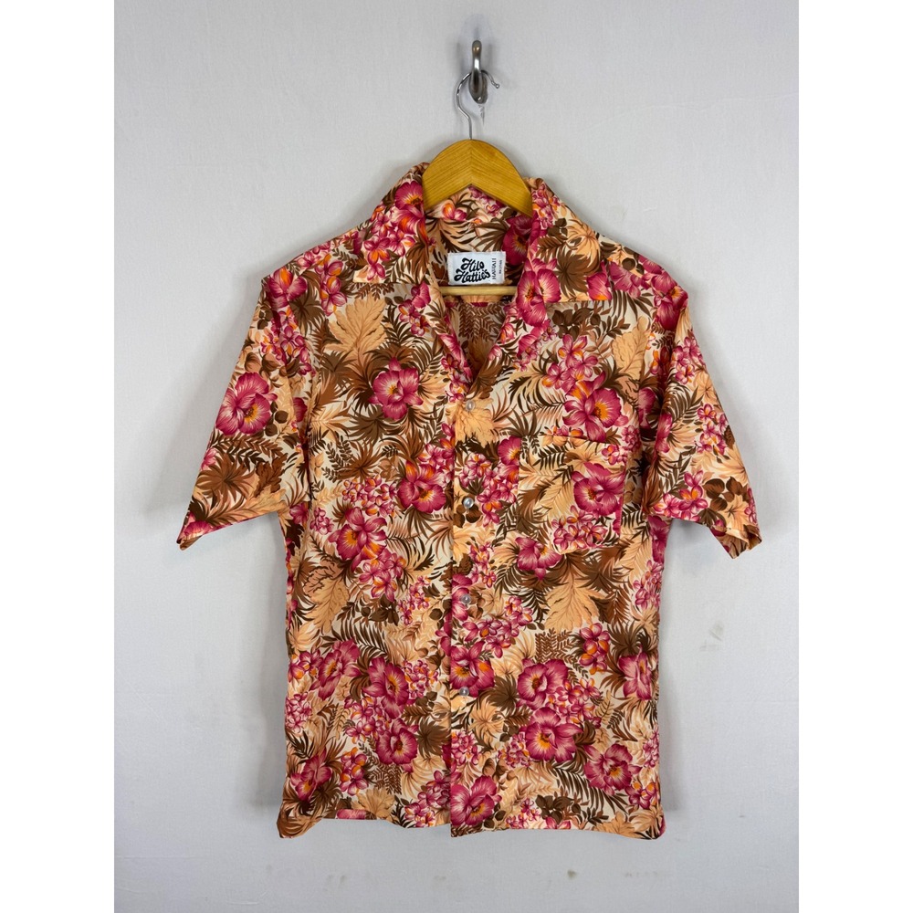 Vintage Hilo Hattie Hawaii Mens Floral Button Down Shirt Pink Orange Brown M